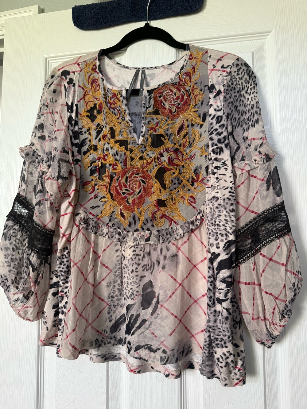 Anthropologie Pink and Gray Embroidered Mixed-Print Boho Blouse